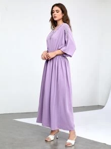 Al Najma Contrast Lace Batwing Sleeve Drawstring Waist Kaftan Dress - Lilac Purple - View 5