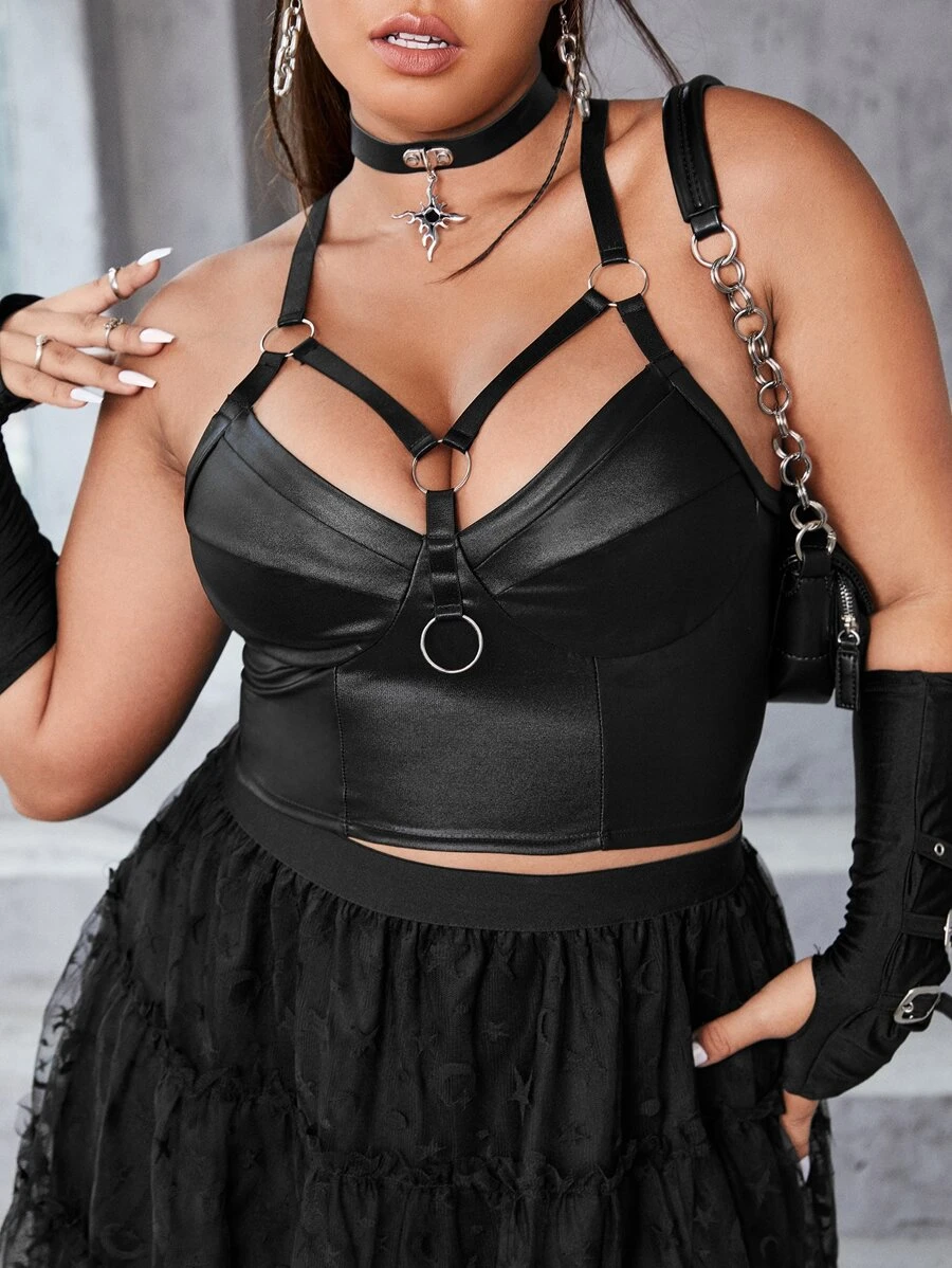 ROMWE PUNK Plus O-Ring Cut Out Crisscross Back Crop Cami Top For Summer - Black - View 1