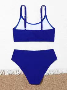 Tween Girl Solid High Waist Bikini Set Summer Beach - Royal Blue - View 2