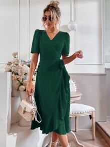 SHEIN LUNE Puff Sleeve Wrap Tie Side Dress - Dark Green - View 1