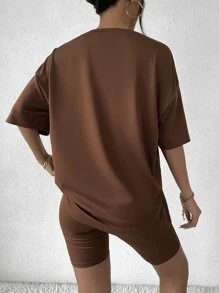 Flirla Letter Textured Drop Shoulder Tee & Cycling Shorts - Coffee Brown - View 2