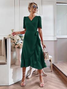 SHEIN LUNE Puff Sleeve Wrap Tie Side Dress - Dark Green - View 4