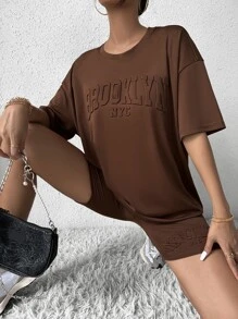 Flirla Letter Textured Drop Shoulder Tee & Cycling Shorts - Coffee Brown - View 3