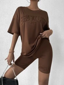 Flirla Letter Textured Drop Shoulder Tee & Cycling Shorts - Coffee Brown - View 4