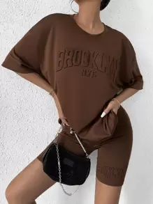 Flirla Letter Textured Drop Shoulder Tee & Cycling Shorts - Coffee Brown - View 5