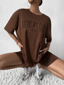 Flirla Letter Textured Drop Shoulder Tee & Cycling Shorts - Coffee Brown - View 6