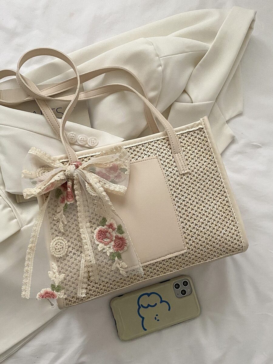 Bolsa de paja ligera y casual con decoración de lazo para adolescentes, mujeres y estudiantes universitarias, perfecta para la universidad, el aire libre, los viajes, las salidas, bolso de hombro, bolso tipo Boston, bolso de playa, vacaciones, casual, bolso de playa llamativo para el verano, bolso de playa de paja de verano para mujeres, los bolsos de playa talla grande populares para mujeres, bolso de verano de vacaciones de moda, bolsos de mujer esenciales para vacaciones y días festivos