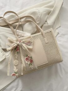 Bolsa de paja ligera y casual con decoración de lazo para adolescentes, mujeres y estudiantes universitarias, perfecta para la universidad, el aire libre, los viajes, las salidas, bolso de hombro, bolso tipo Boston, bolso de playa, vacaciones, casual, bolso de playa llamativo para el verano, bolso de playa de paja de verano para mujeres, los bolsos de playa talla grande populares para mujeres, bolso de verano de vacaciones de moda, bolsos de mujer esenciales para vacaciones y días festivos