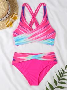 SHEIN Swim Summer Brush Print Crossover Bikini - Multicolor - View 4