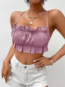 SHEIN PETITE 荷葉邊交叉後背繫帶吊帶短上衣 - 粉色 - 查看 1
