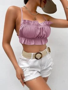 SHEIN PETITE 荷葉邊交叉後背繫帶吊帶短上衣 - 粉色 - 查看 4