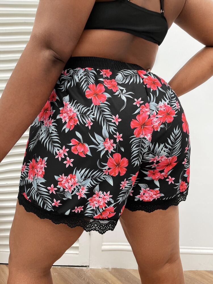 Summer Beach Plus Tropical Print Lace Trim Bikini Bottom