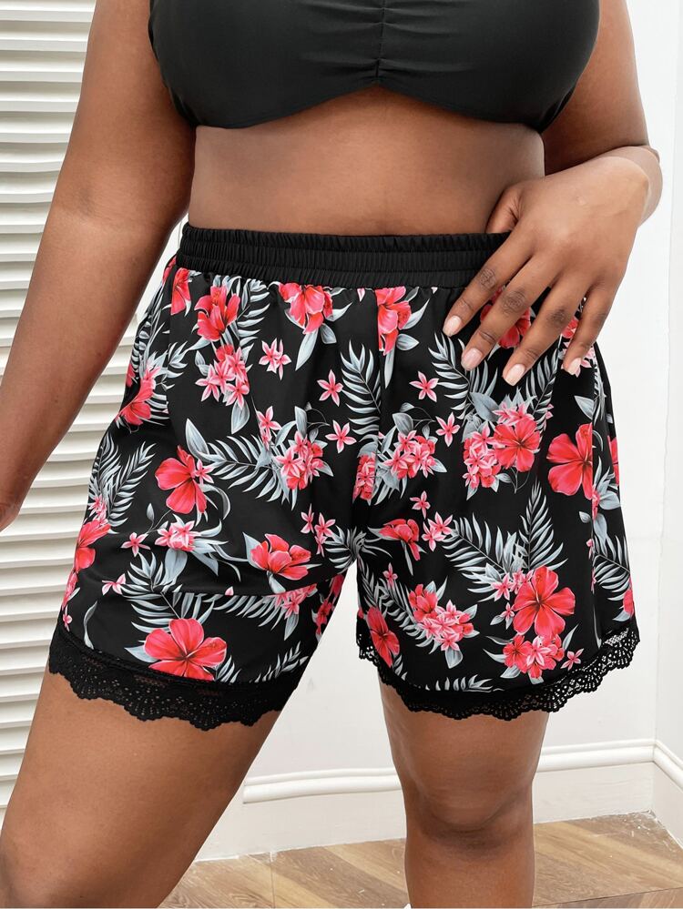 Summer Beach Plus Tropical Print Lace Trim Bikini Bottom