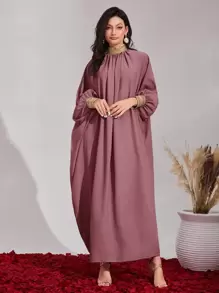 Al Najma Contrast Trim Batwing Sleeve Kaftan Dress - Dusty Pink - View 1