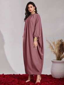 Al Najma Contrast Trim Batwing Sleeve Kaftan Dress - Dusty Pink - View 3