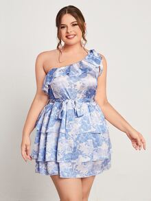 SHEIN Plus Floral Print Knot One Shoulder Layered Hem Belted Dress - Blue and White - View 3
