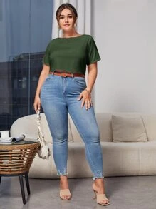 SHEIN Frenchy Plus V Back Self-Tie Crop Blouse - Army Green - View 4