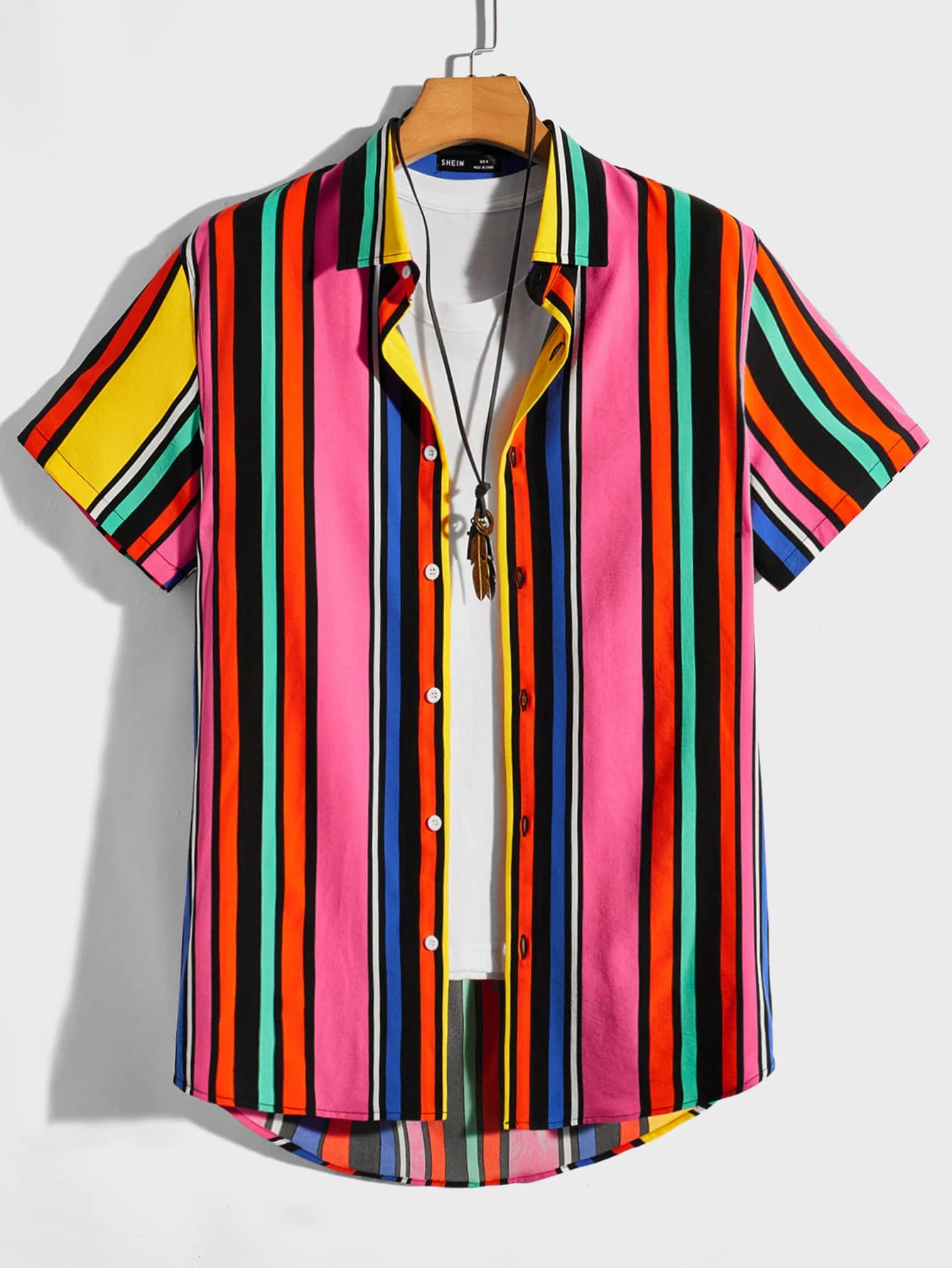 Manfinity VCAY Men Colorblock Striped Collared Button Up Shirt, Short Sleeve Graphic Stripe Colorful Vacation Beach Shirt, Boyfriend Gift