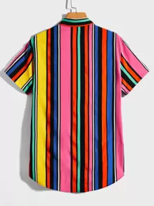 Manfinity VCAY Men Colorblock Striped Collared Button Up Shirt, Short Sleeve Graphic Stripe Colorful Vacation Beach Shirt, Boyfriend Gift