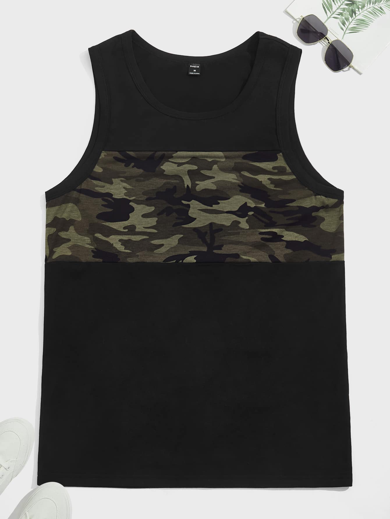 GENTILAND Men Cotton Contrast Camo Print Tank Top - Black - View 1
