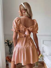 SHEIN VCAY Swiss Dot Tie Backless Puff Sleeve Ruffle Hem Dress - Coral Orange - View 2