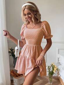 SHEIN VCAY Swiss Dot Tie Backless Puff Sleeve Ruffle Hem Dress - Coral Orange - View 3
