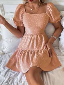SHEIN VCAY Swiss Dot Tie Backless Puff Sleeve Ruffle Hem Dress - Coral Orange - View 5