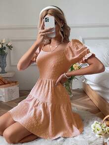 SHEIN VCAY Swiss Dot Tie Backless Puff Sleeve Ruffle Hem Dress - Coral Orange - View 6