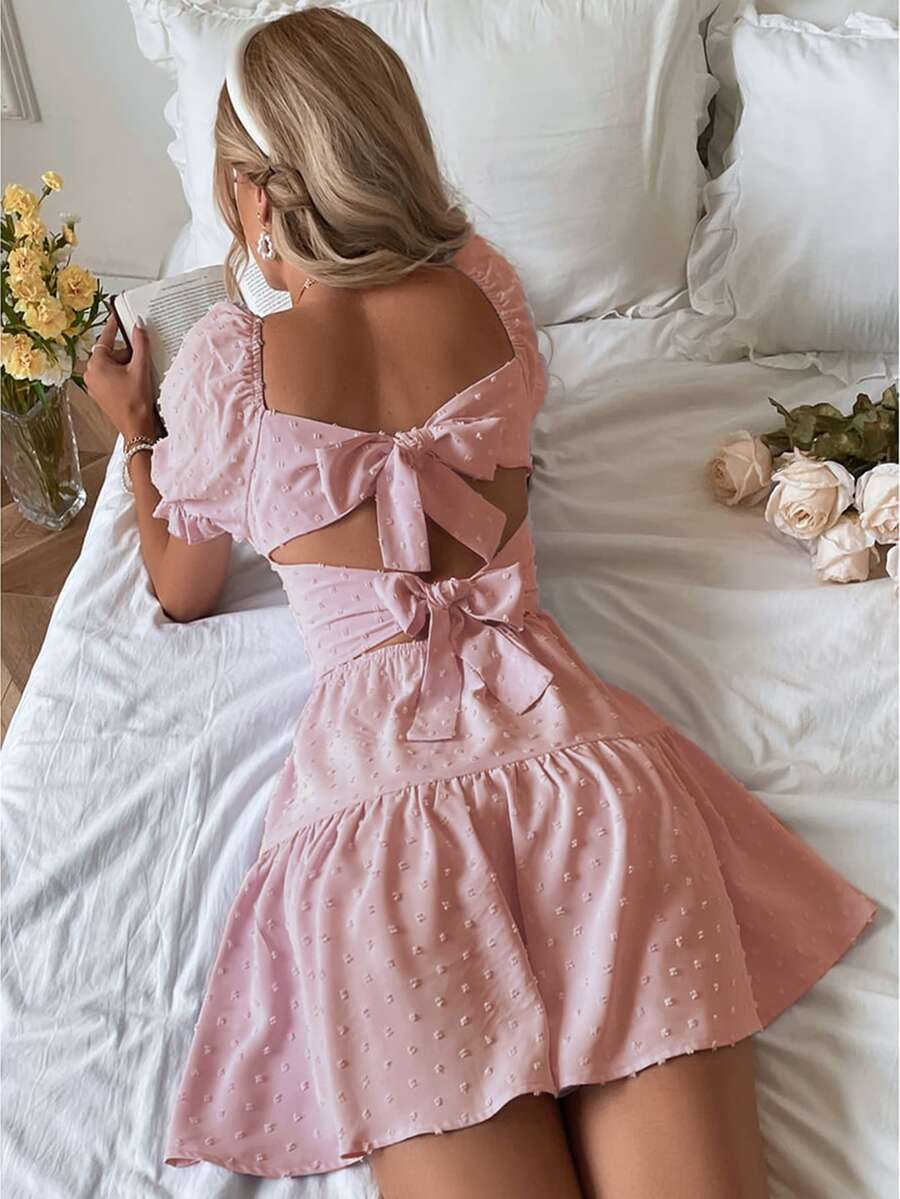 SHEIN VCAY 圓點後背繫帶泡泡袖荷葉邊連衣裙 - 淺粉色 - 查看 1