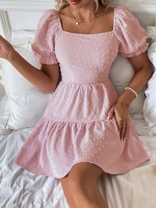 SHEIN VCAY 圓點後背繫帶泡泡袖荷葉邊連衣裙 - 淺粉色 - 查看 4