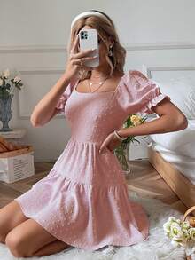 SHEIN VCAY 圓點後背繫帶泡泡袖荷葉邊連衣裙 - 淺粉色 - 查看 5