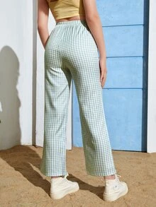 Gingham Print Straight Leg Trousers - Mint Green - View 2