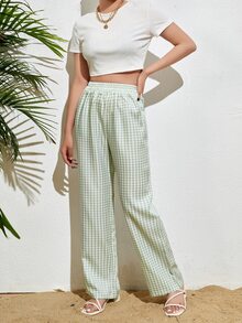 Gingham Print Straight Leg Trousers - Mint Green - View 3