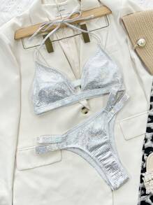 Swim SXY Bikini dây cắt kim loại đi biển mùa hè - Bạc - Xem 3