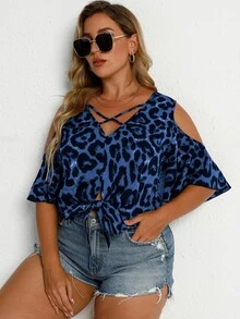 SHEIN LUNE Plus  Leopard Criss Cross Cold Shoulder  Blouse - Blue - View 6