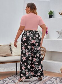 Mulvari Plus Solid Crop Top & Tropical Print Wide Leg Trousers - Multicolor - View 2