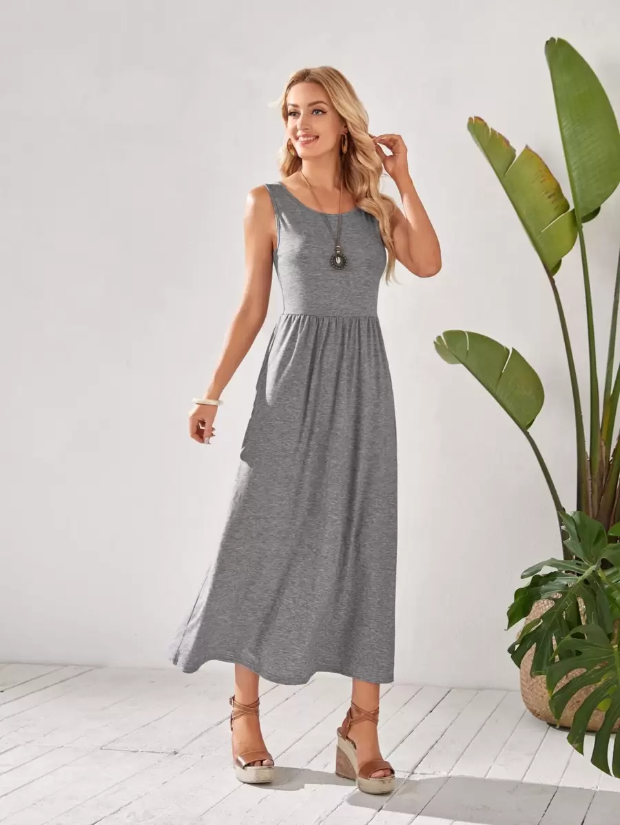 EMERY ROSE Scoop Neck Solid Dress - Grey - View 1