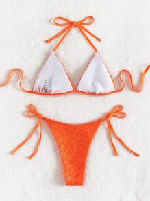 Neon Orange Sequin Decor Triangle Bikini - Orange - View 3