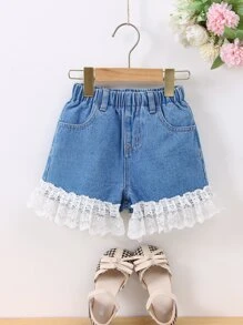 Niñas Shorts en mezclilla con encaje en contraste bajo con fruncido - Azul lavado medio - Ver 1