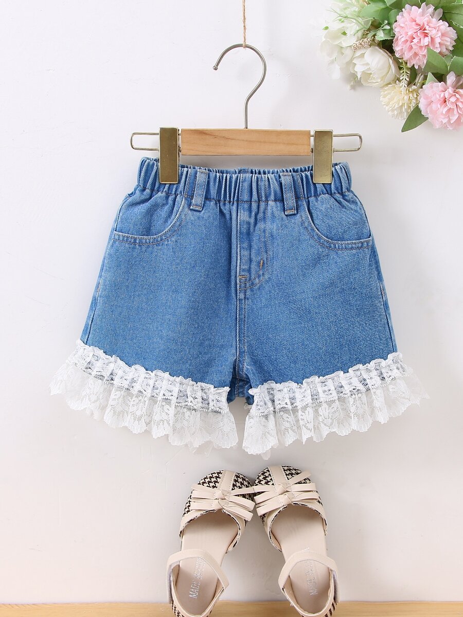 Niñas Shorts en mezclilla con encaje en contraste bajo con fruncido - Azul lavado medio - Ver 1