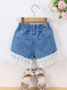 Niñas Shorts en mezclilla con encaje en contraste bajo con fruncido - Azul lavado medio - Ver 2