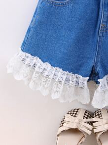 Niñas Shorts en mezclilla con encaje en contraste bajo con fruncido - Azul lavado medio - Ver 3