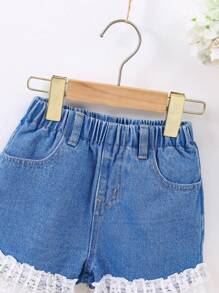 Niñas Shorts en mezclilla con encaje en contraste bajo con fruncido - Azul lavado medio - Ver 4