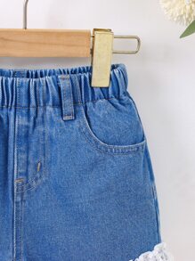 Niñas Shorts en mezclilla con encaje en contraste bajo con fruncido - Azul lavado medio - Ver 5