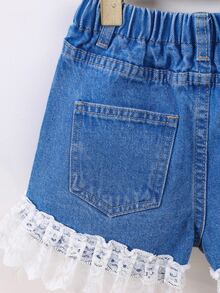 Niñas Shorts en mezclilla con encaje en contraste bajo con fruncido - Azul lavado medio - Ver 6