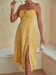 SHEIN Frenchy 小碎花前繫帶胸部褶皺高衩吊帶連衣裙 - 黃色 - 查看 1
