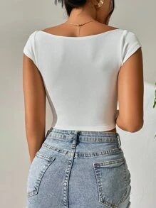 SHEIN PETITE 羅紋針織方領短款T恤 - 白色 - 查看 2