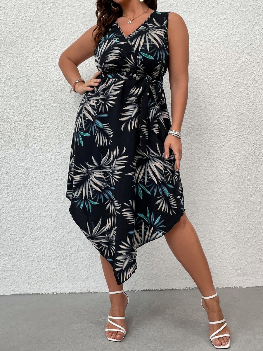 SHEIN LUNE Đầm Plus Size Bất đối xứng Thắt lưng Trọn gói Thực vật Boho - màu đen - Xem 1