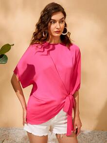 Batwing Sleeve Knot Hem Top - Hot Pink - View 4