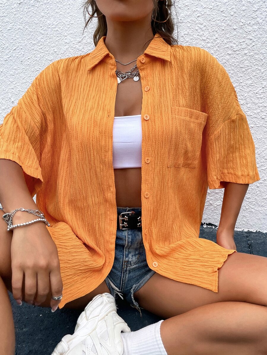 Drop Shoulder Pocket Detail Shirt - Orange - View 1